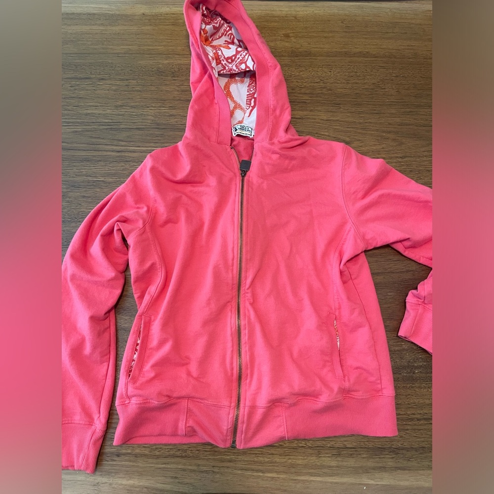 Nilla Shields Zip Up Jacket Womens Size L Salmon Printed Hood Lining
